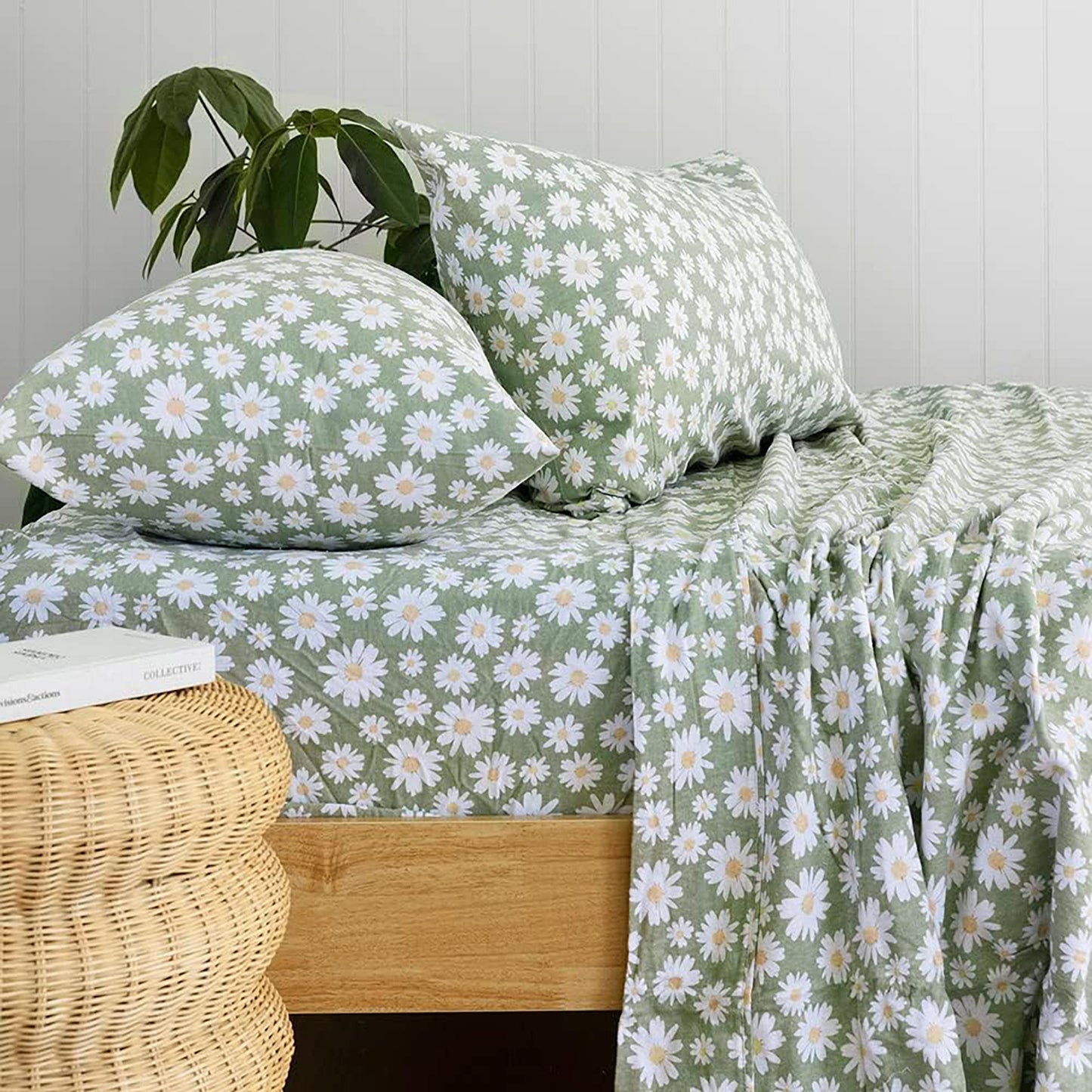 Cotton Daisy Flannelette Sheet Set - Sage