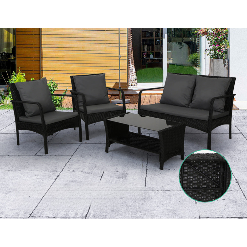 Outdoor Garden Patio Wicker Lounge Table Sofa Set Grey - 2 Seater