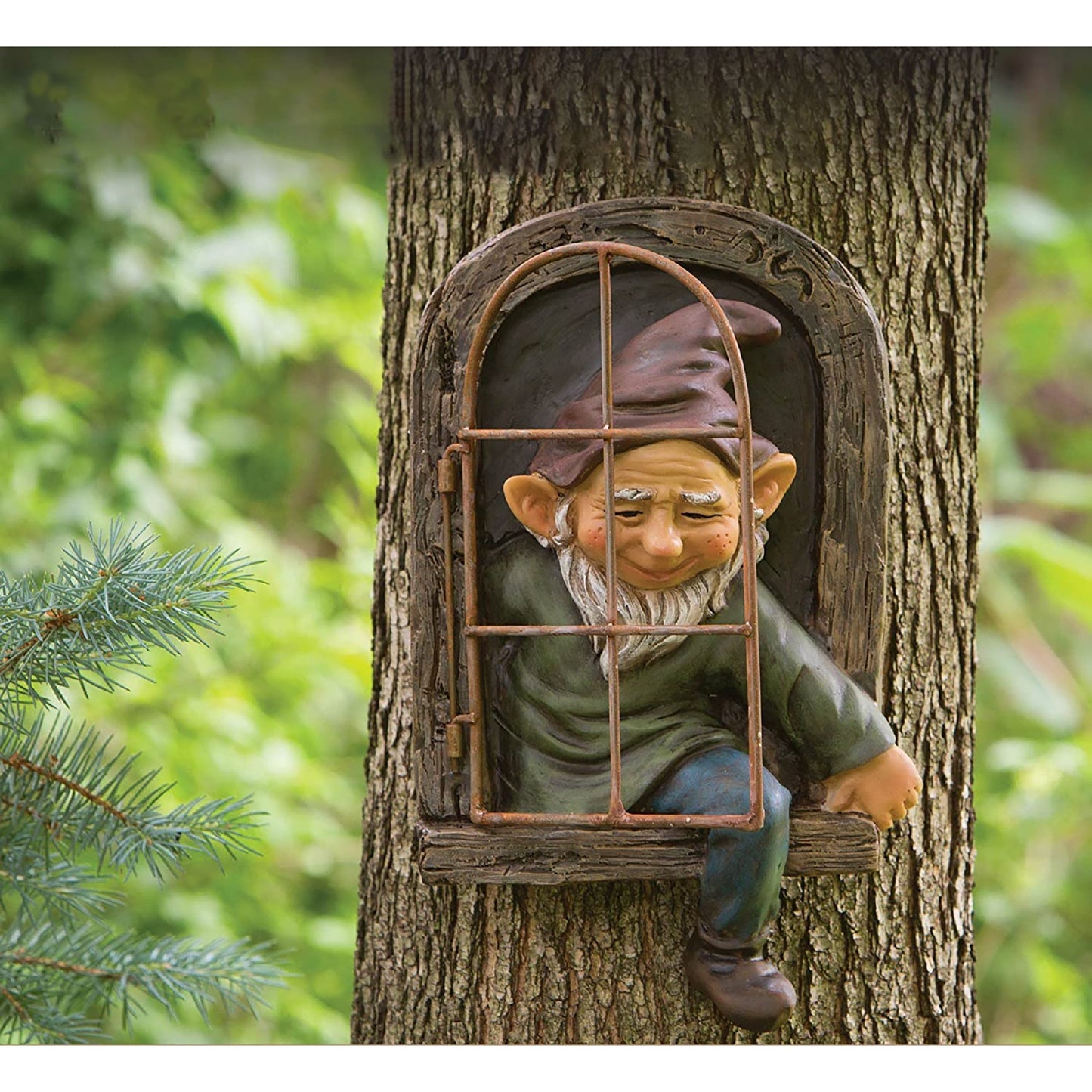Whimsical Tree Sculpture Elf Out The Door Tree Hugger Yard and Garden Decoration - 12 Inches