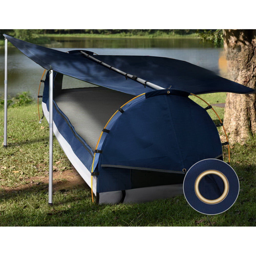 Double Camping Swags Canvas Free Standing Dome Tent with Mattress - Dark Blue