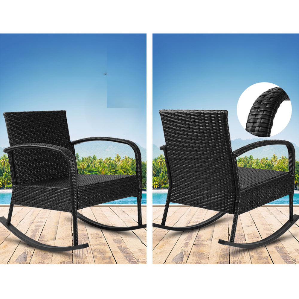 Rocking Wicker Chairs Table Outdoor Set Recliner Patio - Black and Grey