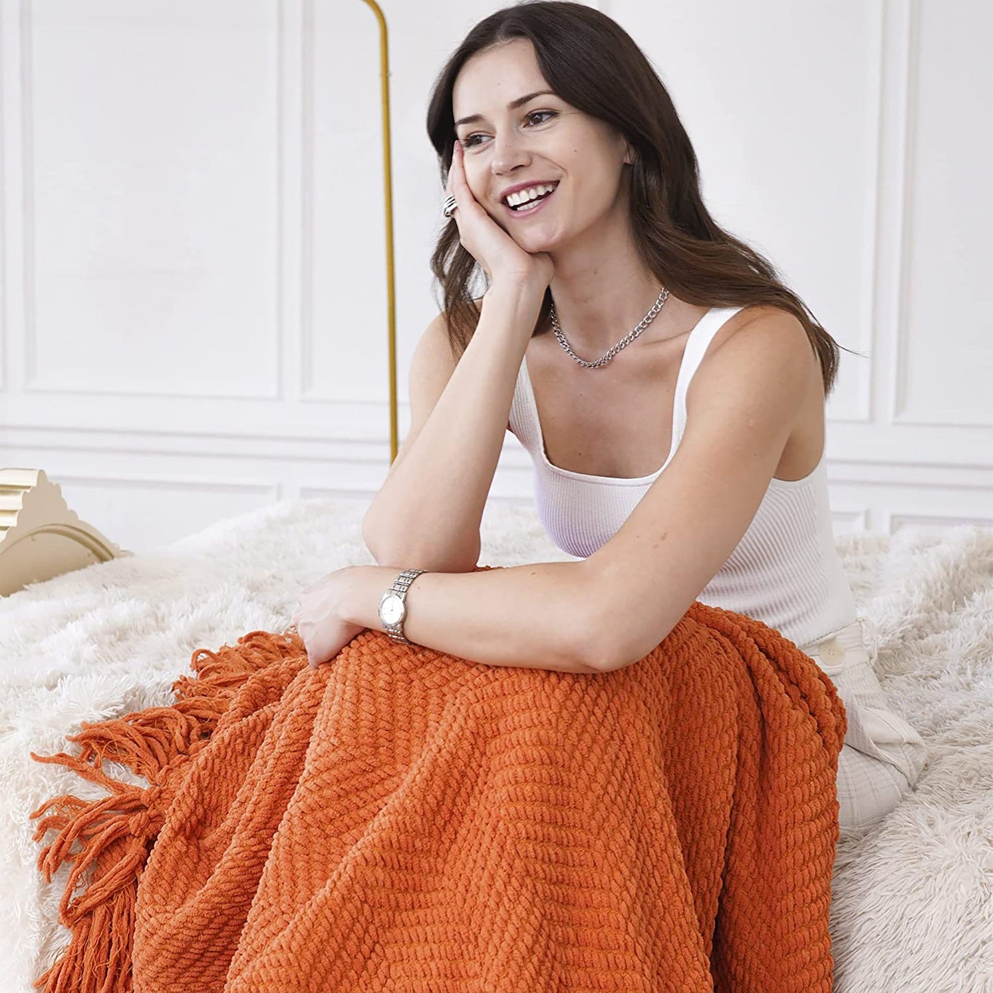 Knitted Solid Color Bed Sofa Couch Cover Throw Blanket 50x60 Inch - Orange