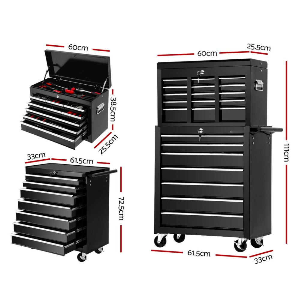 Tool Chest Trolley Box Cabinet Cart Garage Storage Black - 16 Drawers
