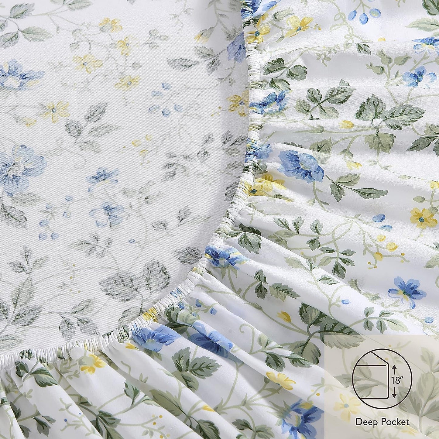 Soft Breathable Sateen Cotton Bedding Sheet Set - Meadow Floral Blue