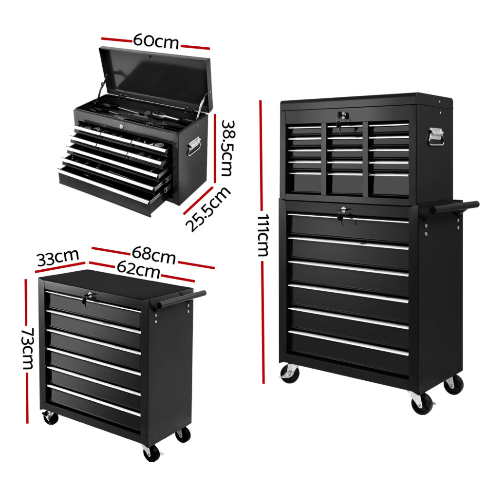 Cabinet Garage Tool Box Chest Trolley Storage Black - 15 Drawers