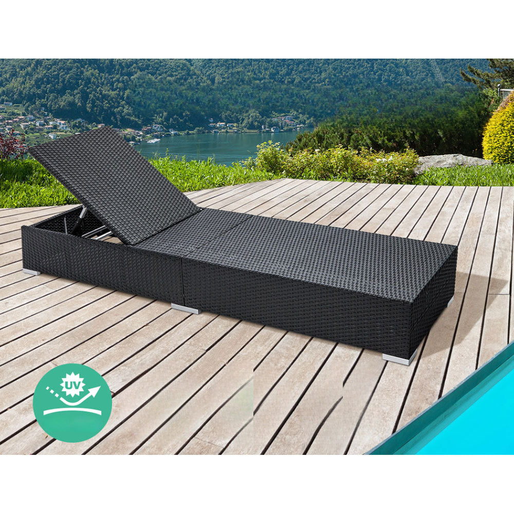 Outdoor Sun Lounge Wicker Furniture Rattan Garden Sofa Bed - Black