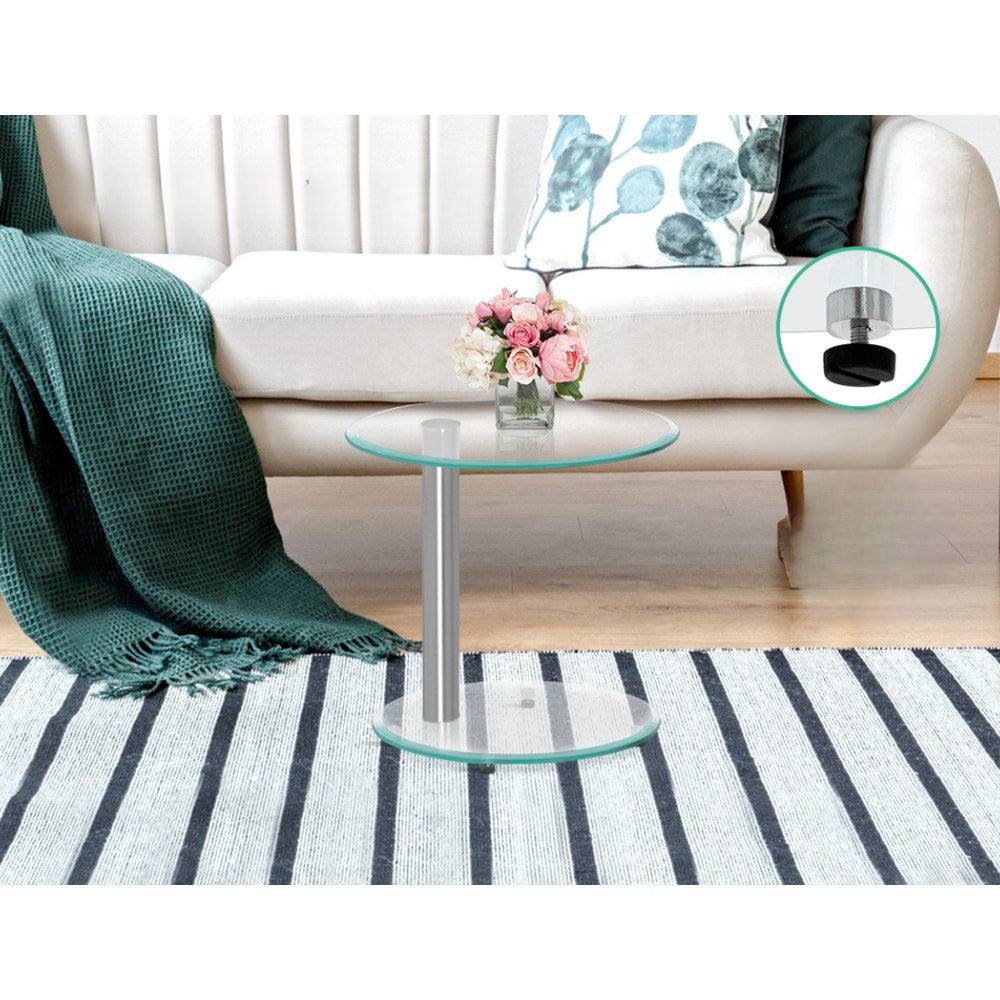 Side Coffee Table Bedside Furniture Oval Tempered Glass Top 2 Tier