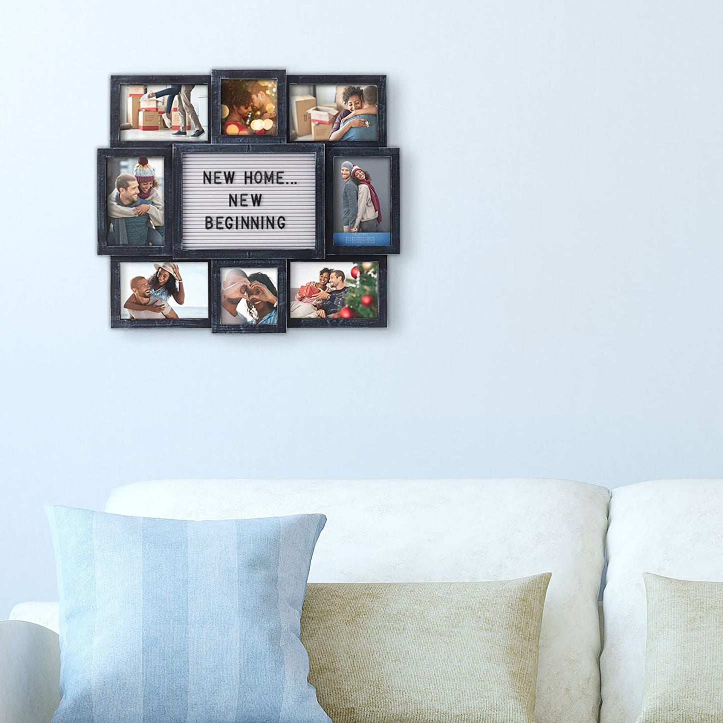 Customizable Wall Mount Letterboard 8-Opening Photo Collage Picture Frame - Black