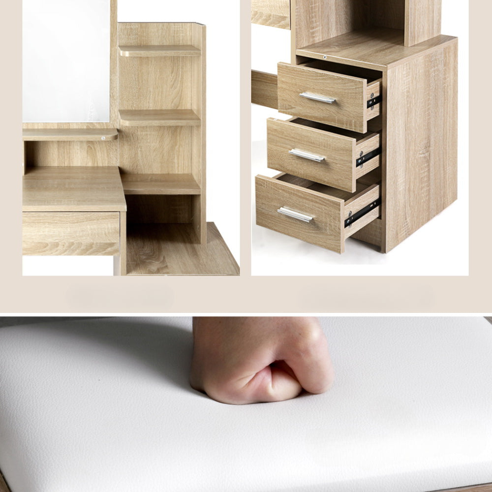 Dressing Table Mirror Stool Set Vanity Makeup Desk Organizer Drawer Oak