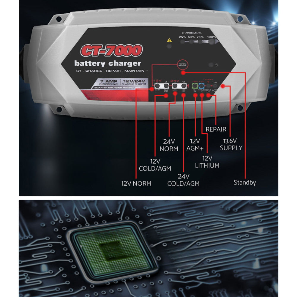 Smart Car Truck Boat Motorcycle Caravan Battery Charger SLA AGM 7A - 24V