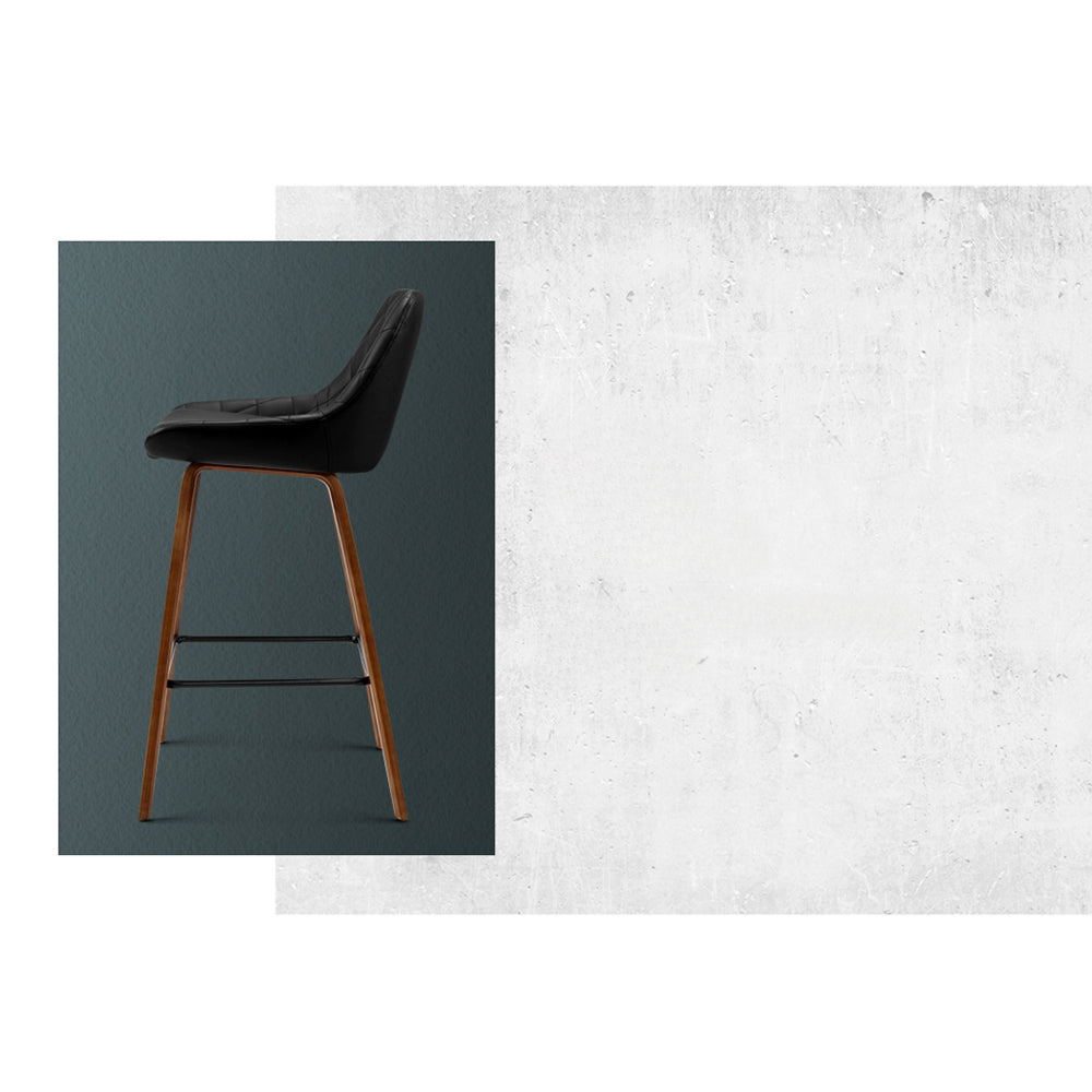 Set of 2 Bar Stools Bentwood PU Leather Diamond Pleat - Black