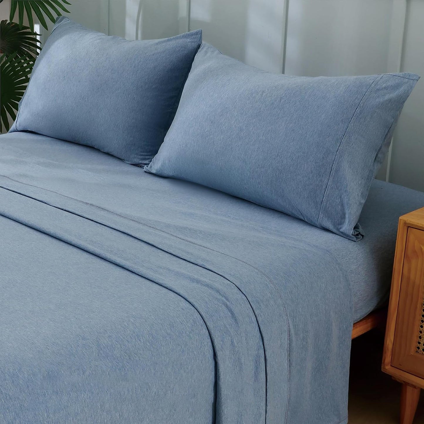 Breathable Skin-Friendly Ultra Soft Cotton Jersey Bed Sheet Set - Blue Chambray Marle