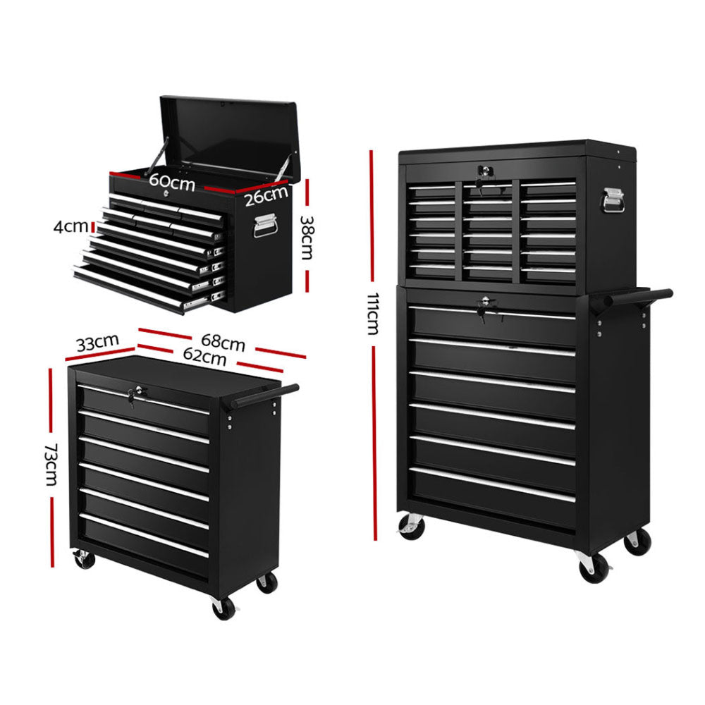 Tool Box Chest Trolley Cabinet Garage Storage Black - 16 Drawers