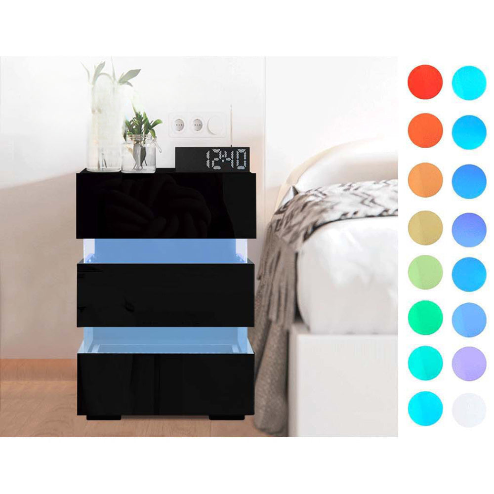 Bedside Table Side Unit RGB LED Lamp 3 Drawers Nightstand Gloss Furniture Black