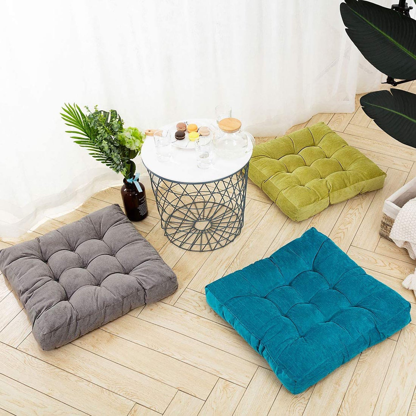 Square Soft Corduroy Tufted Thick Seat Cushion Seat Pad Tatami Floor 20x20 Inches - Green
