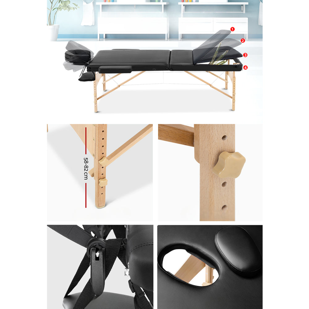 75cm Wide Portable Wooden Massage Table 3 Fold Treatment Beauty Therapy Black
