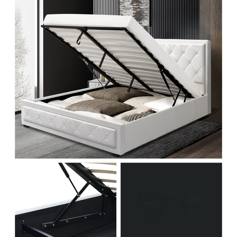 Bed Frame PU Leather Gas Lift Storage - White Double