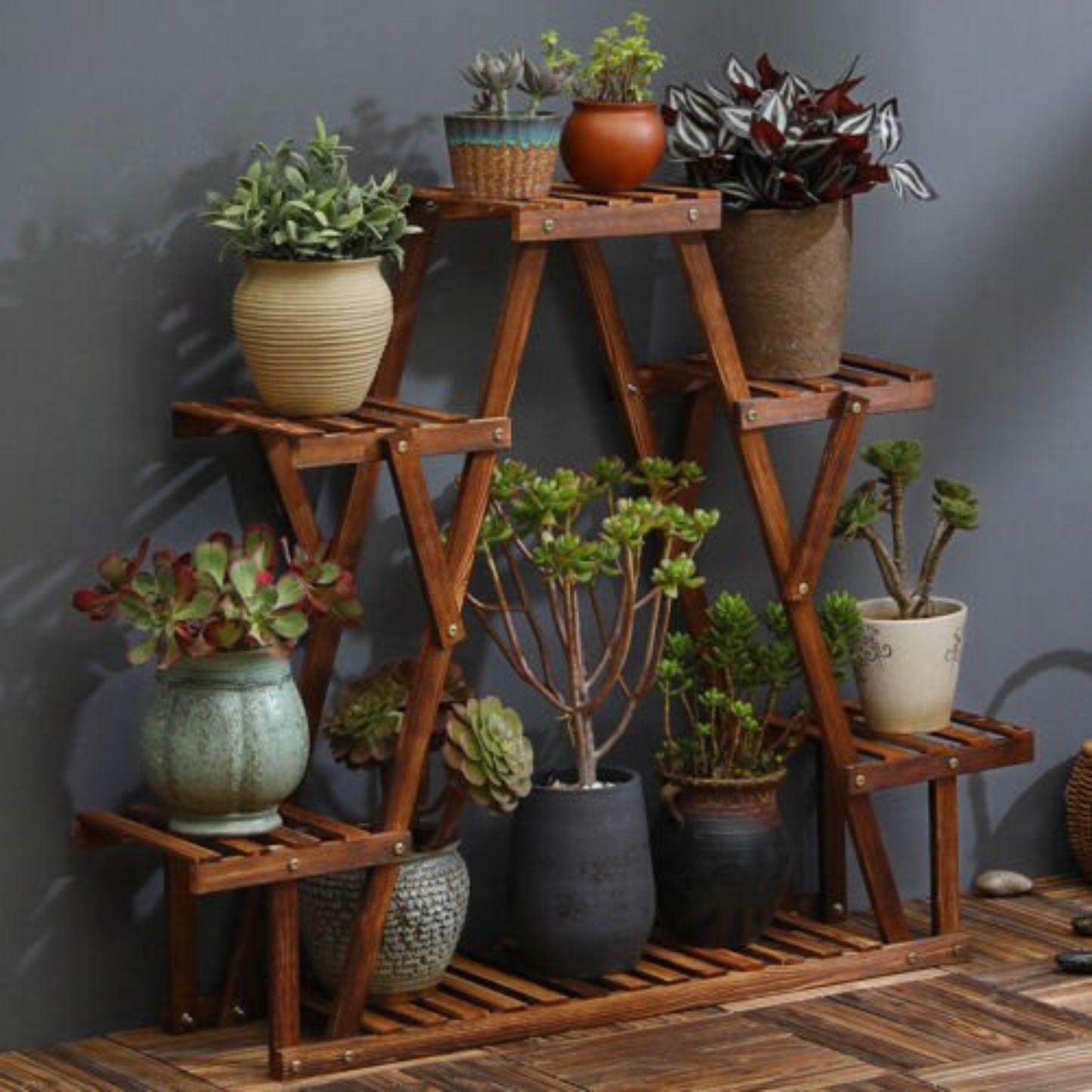Heavy Duty Triangle Wood Plant Stand Indoor Outdoor Flower Succulent Shelf