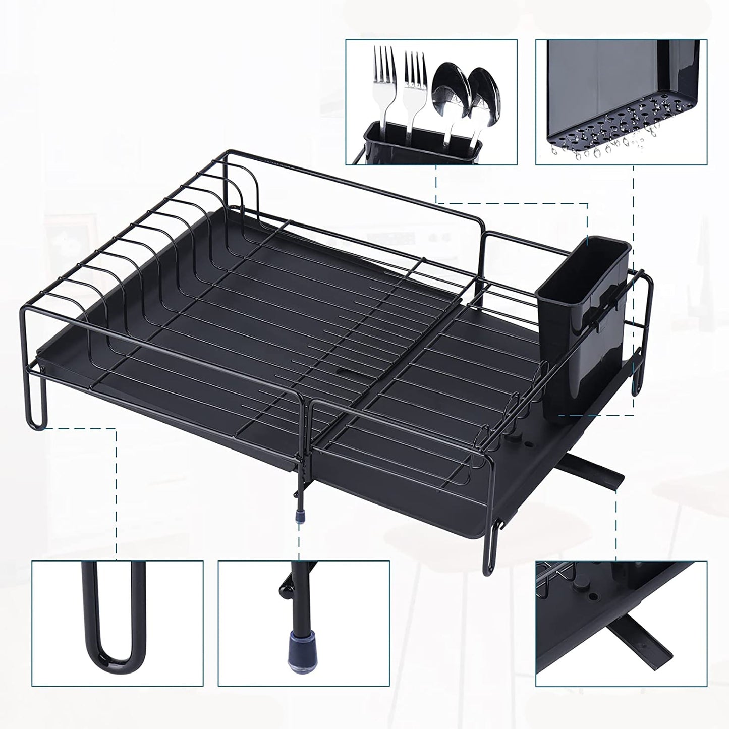 Dish Drying Rack with Drip Tray Cutlery Holder Swivel Draining Spout for Kitchen Countertop - Black