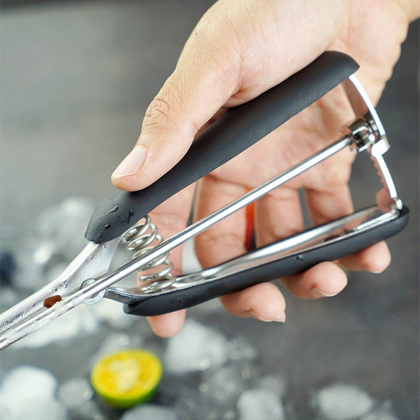 Stainless Steel Ice Cream Scoop with Trigger and Soft Silicone Handle - Black