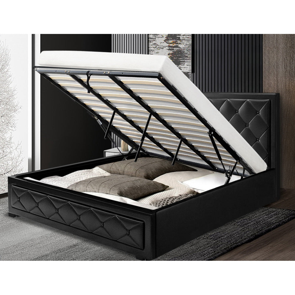 Bed Frame PU Leather Gas Lift Storage - Black King