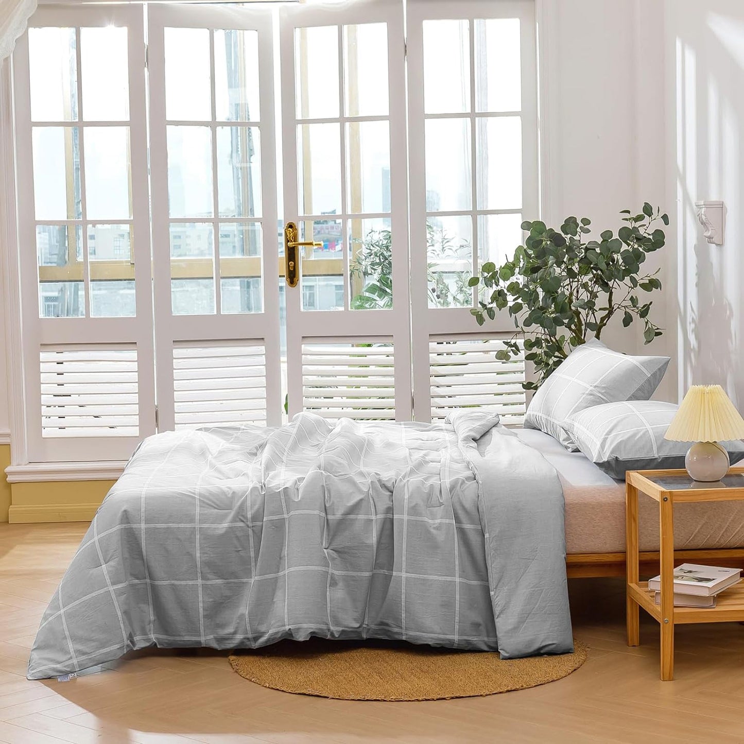 225TC Soft and Cozy Hypoallergenic Cotton Washed Quilt Cover Set - Checkered Grey