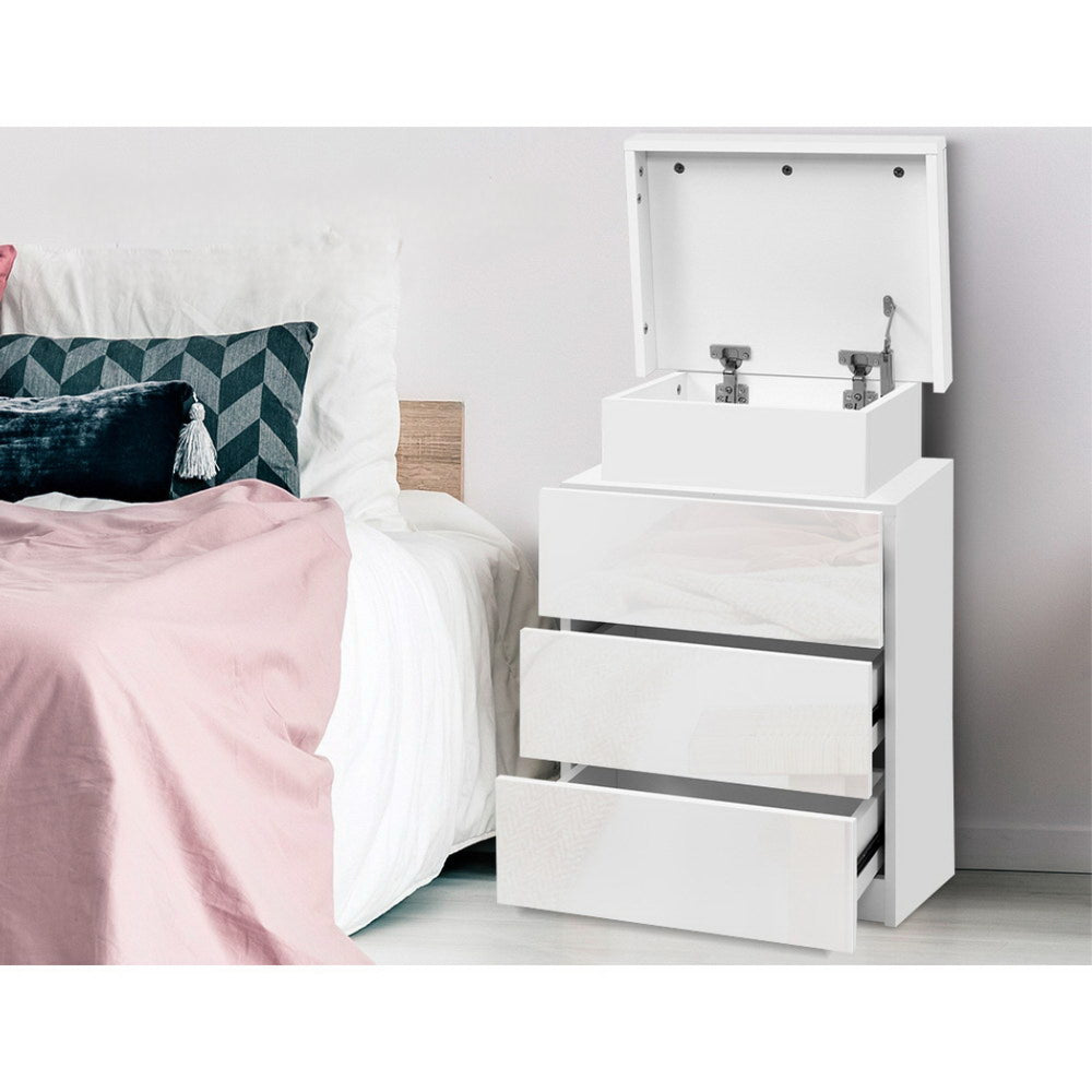 Bedside Tables Side Table 3 Drawers RGB LED High Gloss Nightstand White