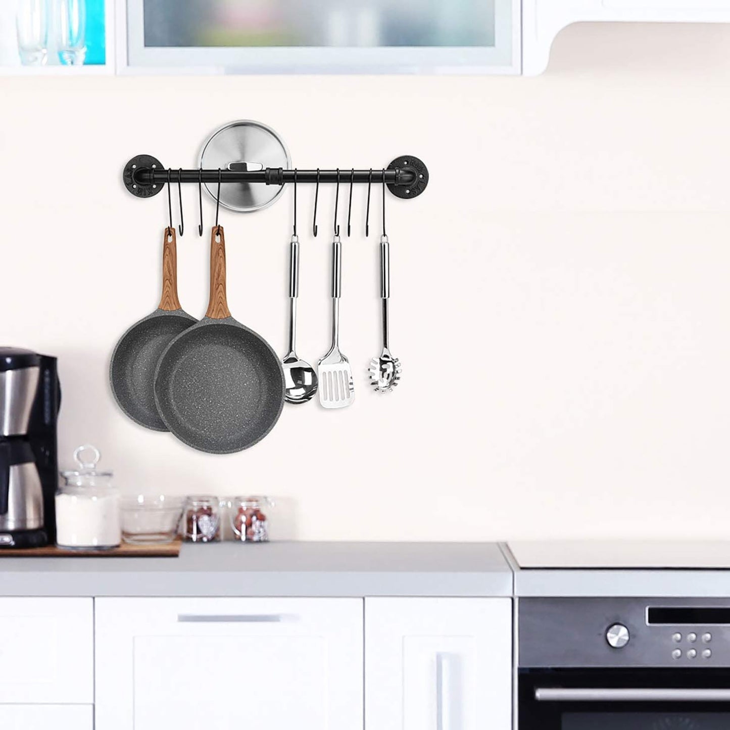 Kitchen Wall Mounted Detachable Organizer Hanging Rail with 10 Hooks 60 cm - Black