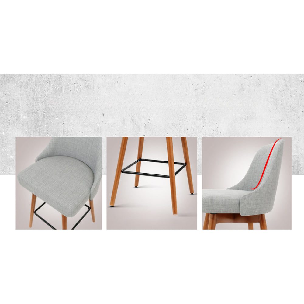 Set of 4 Wooden Fabric Bar Stools Square Footrest - Light Grey