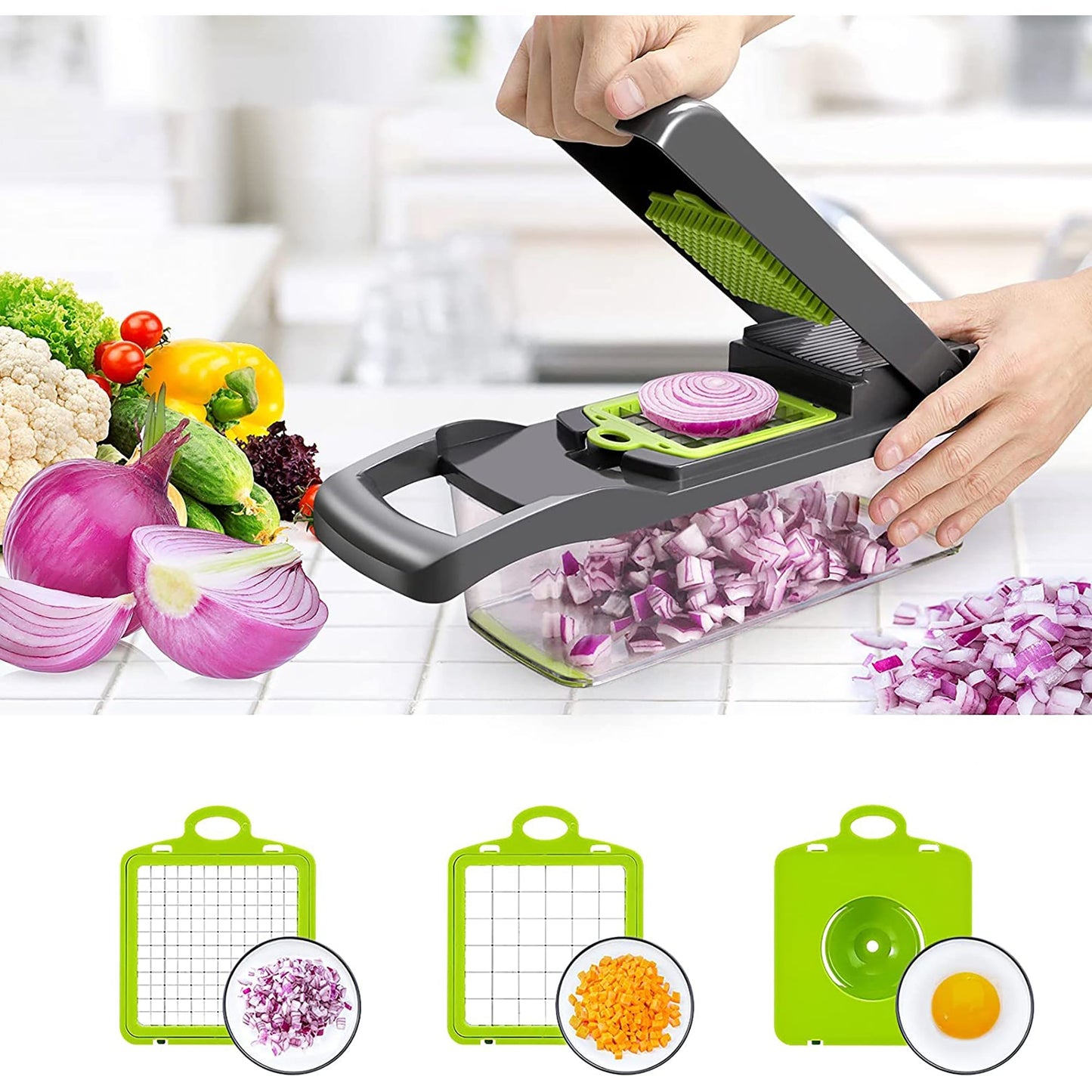 Multifunctional 13 in 1 Vegetable Slicer Grater Chopper - Green and Grey