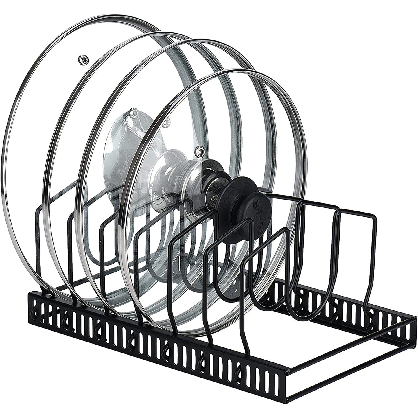 Adjustable Kitchen Lid Organizer with 7 Adjustable Compartments for Pantry or Cabinet - Black