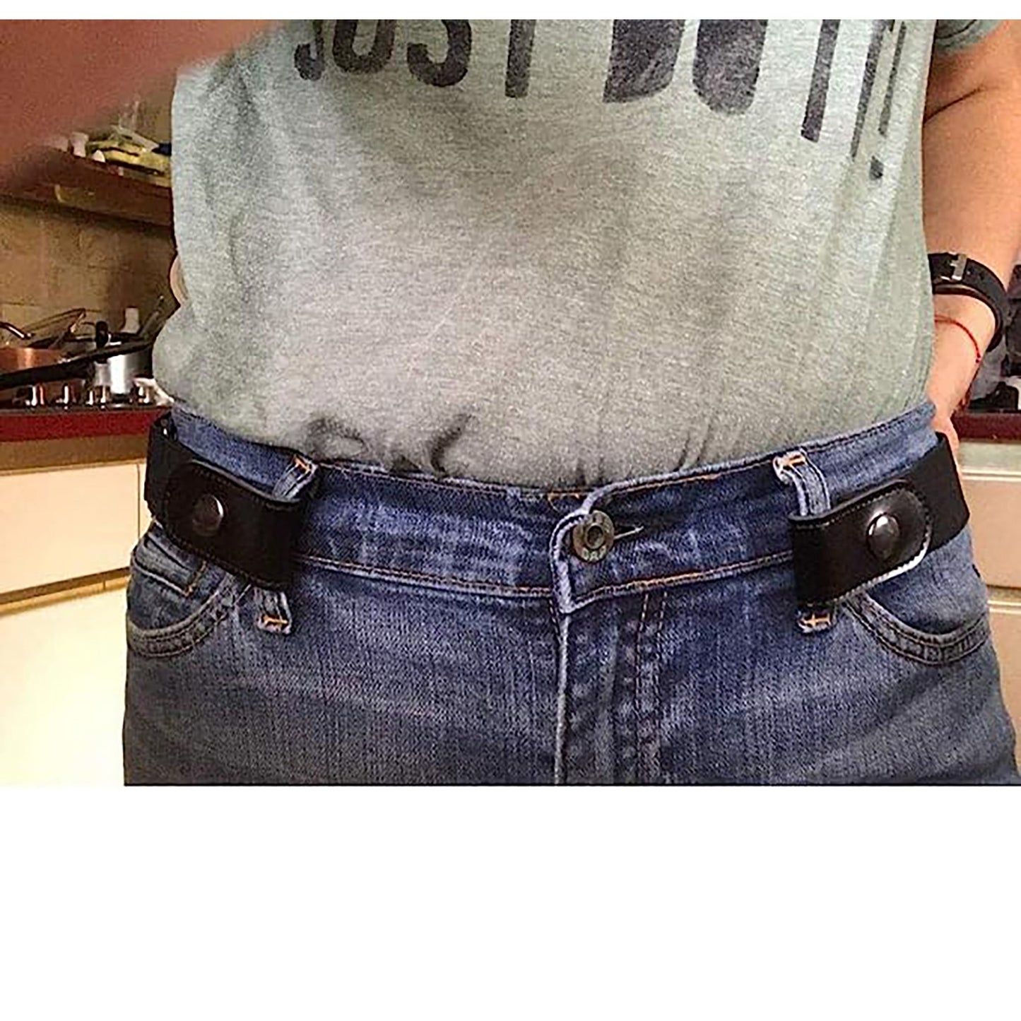 Buckle free No Hassle Elastic Invisible Belt for Jeans Made with Genuine Leather - Black