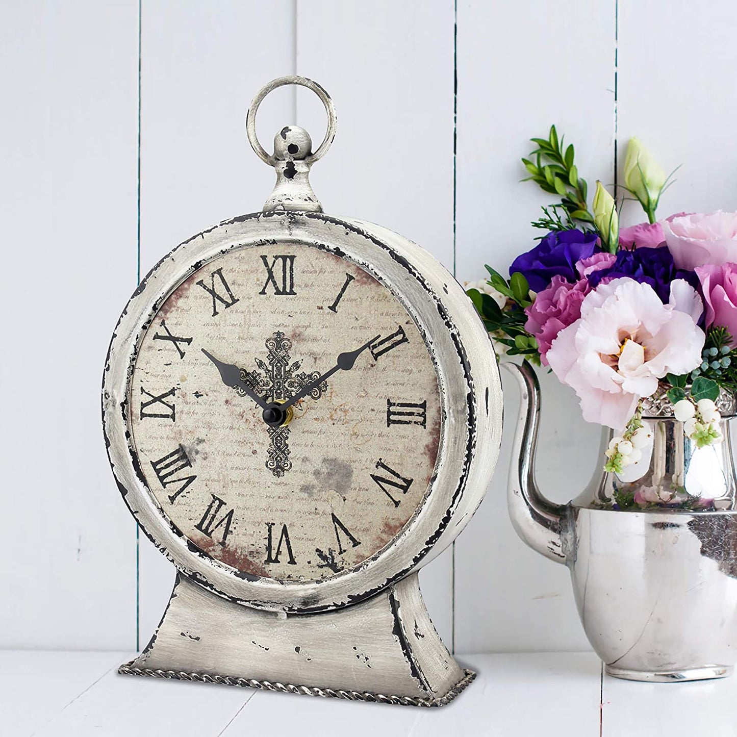 Decorative Battery Operated Table Top Clock with Roman Numerals and Antique Finish 12 Inches