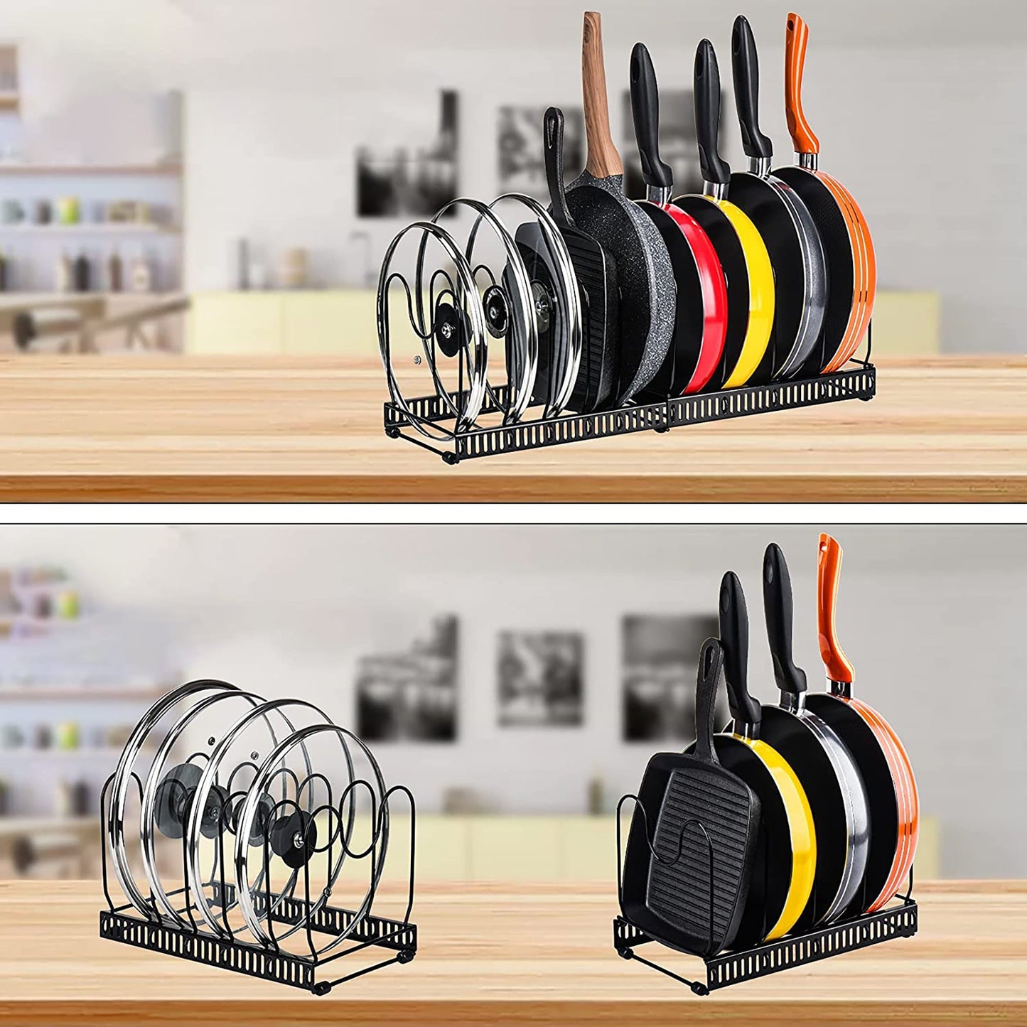 Expandable Pans Organizer Rack with 10 Adjustable Compartments for Pantry or Cabinet - Black
