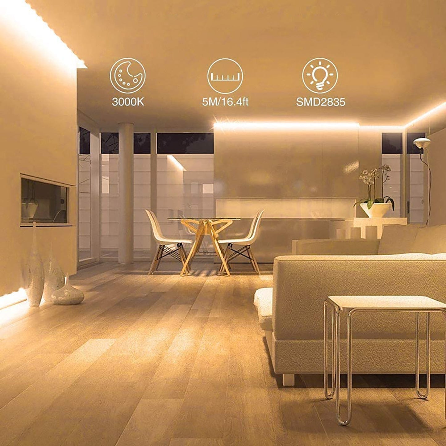 Flexible 3000K Dimmable Bright LED Tape Strip Lights 5 Meters - Warm White