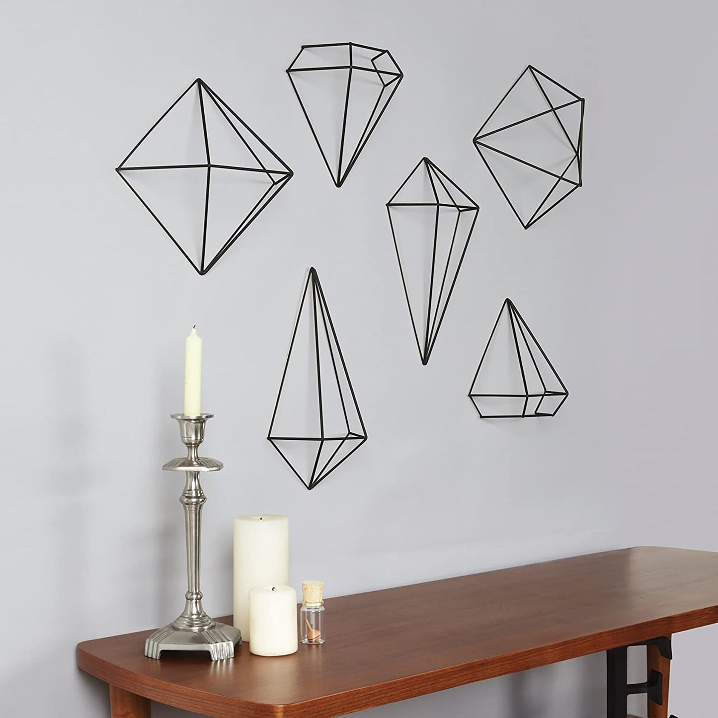 Geometric Sculptures Modern Metallic Wire Shapes Wall Decor Set of 6 - Black