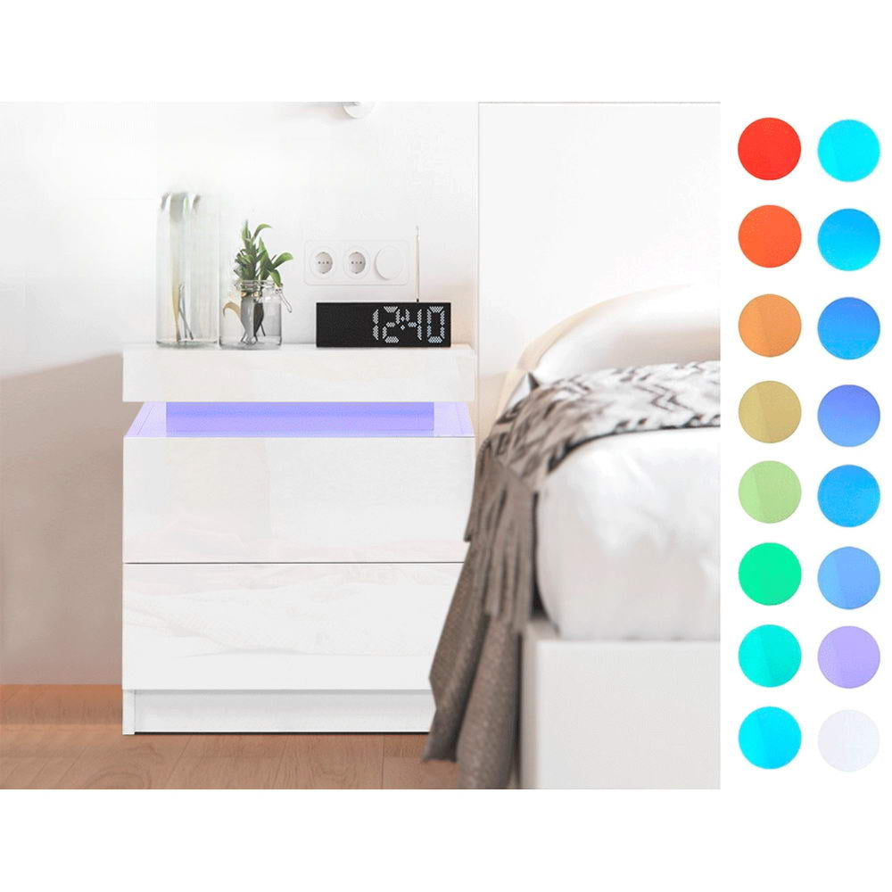 Bedside Tables Side Table Drawers RGB LED High Gloss Nightstand White