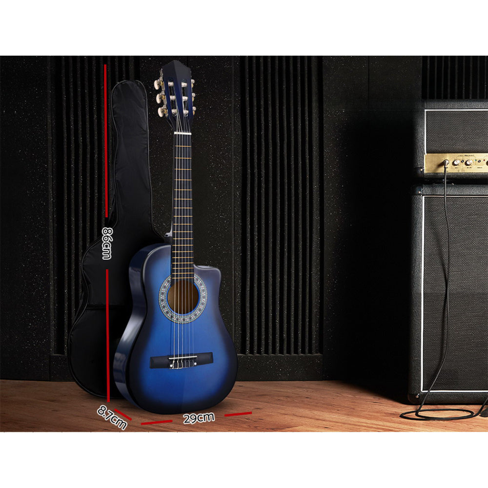 34" Inch Guitar Classical Acoustic Cutaway Wooden Ideal Kids Gift Children 1/2 Size Blue with Capo Tuner
