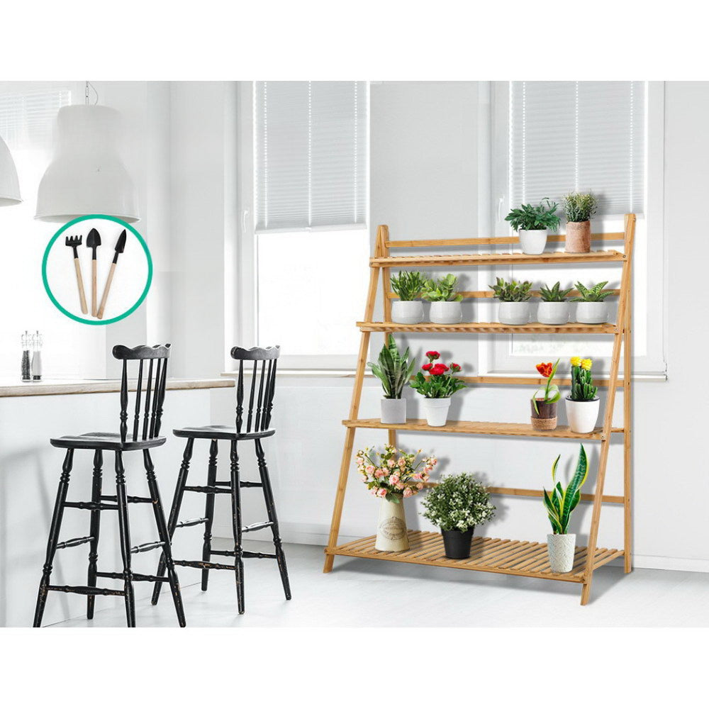 Bamboo Wooden Ladder Shelf Plant Stand Foldable
