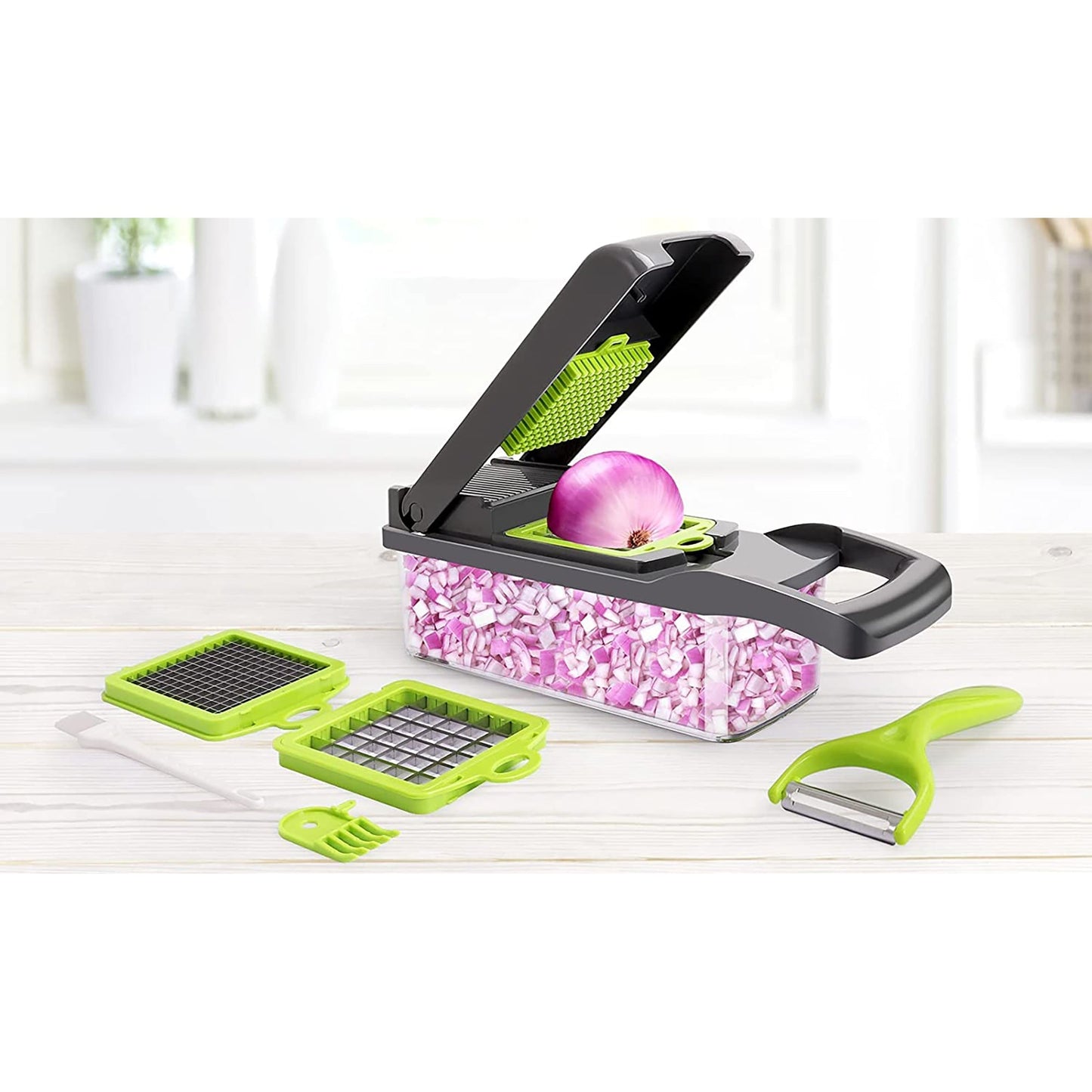Multifunctional 13 in 1 Vegetable Slicer Grater Chopper - Green and Grey
