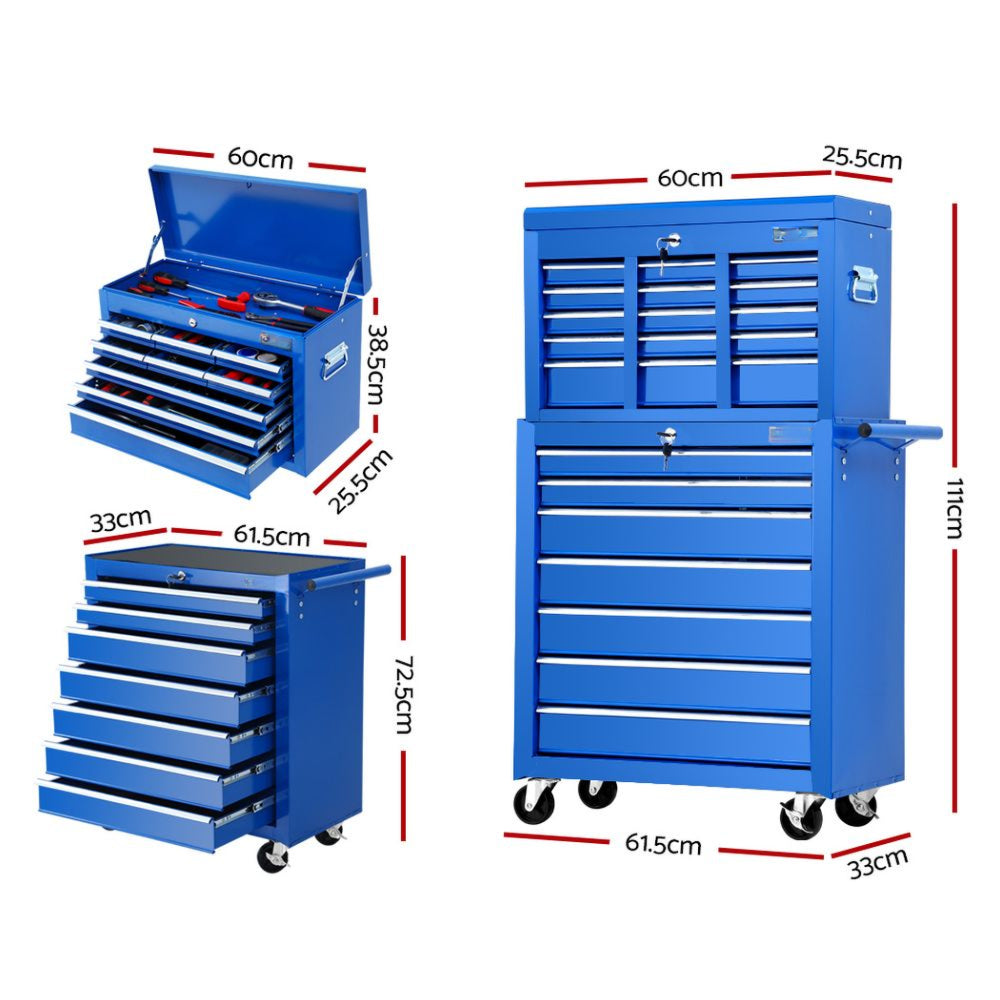 Tool Chest Trolley Box Cabinet Cart Garage Storage Blue - 16 Drawers