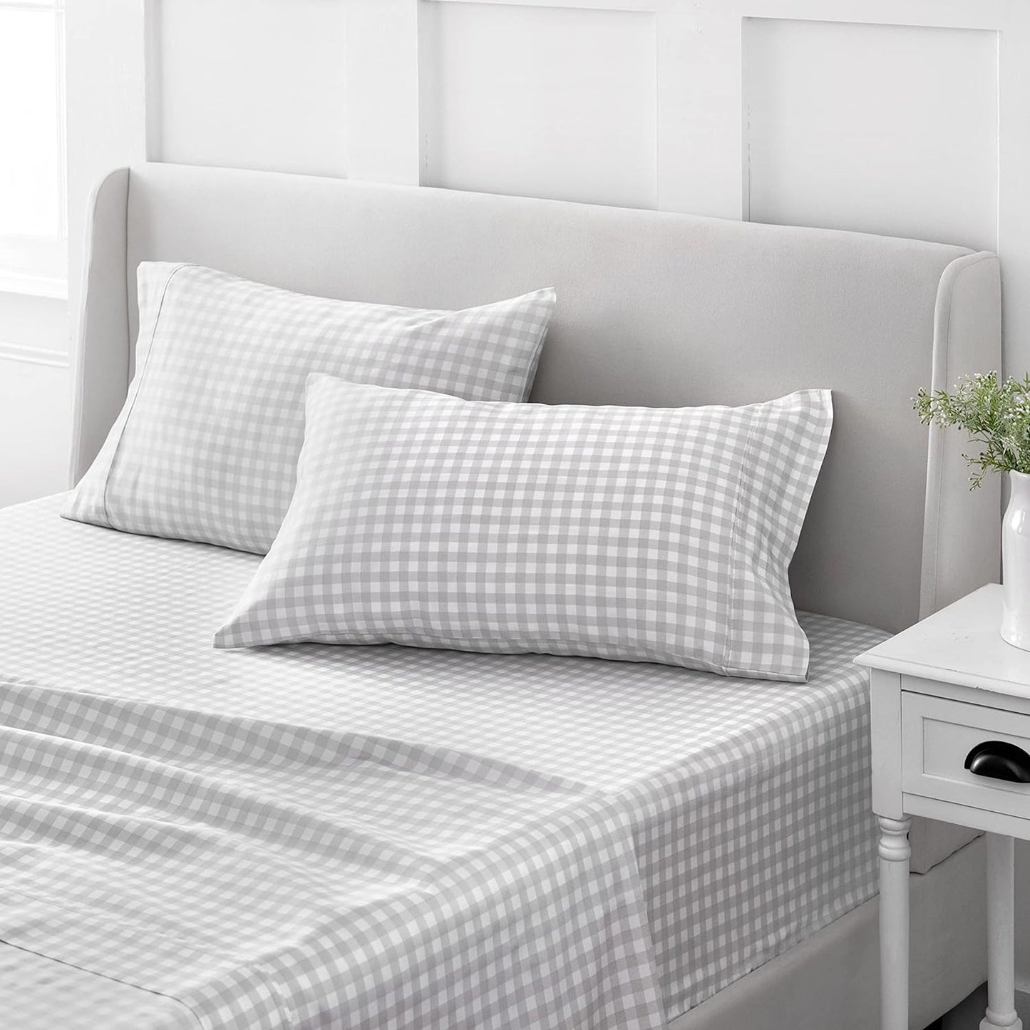 100% Cotton Soft and Durable Sateen Bed Sheet Set - Gingham Light Grey