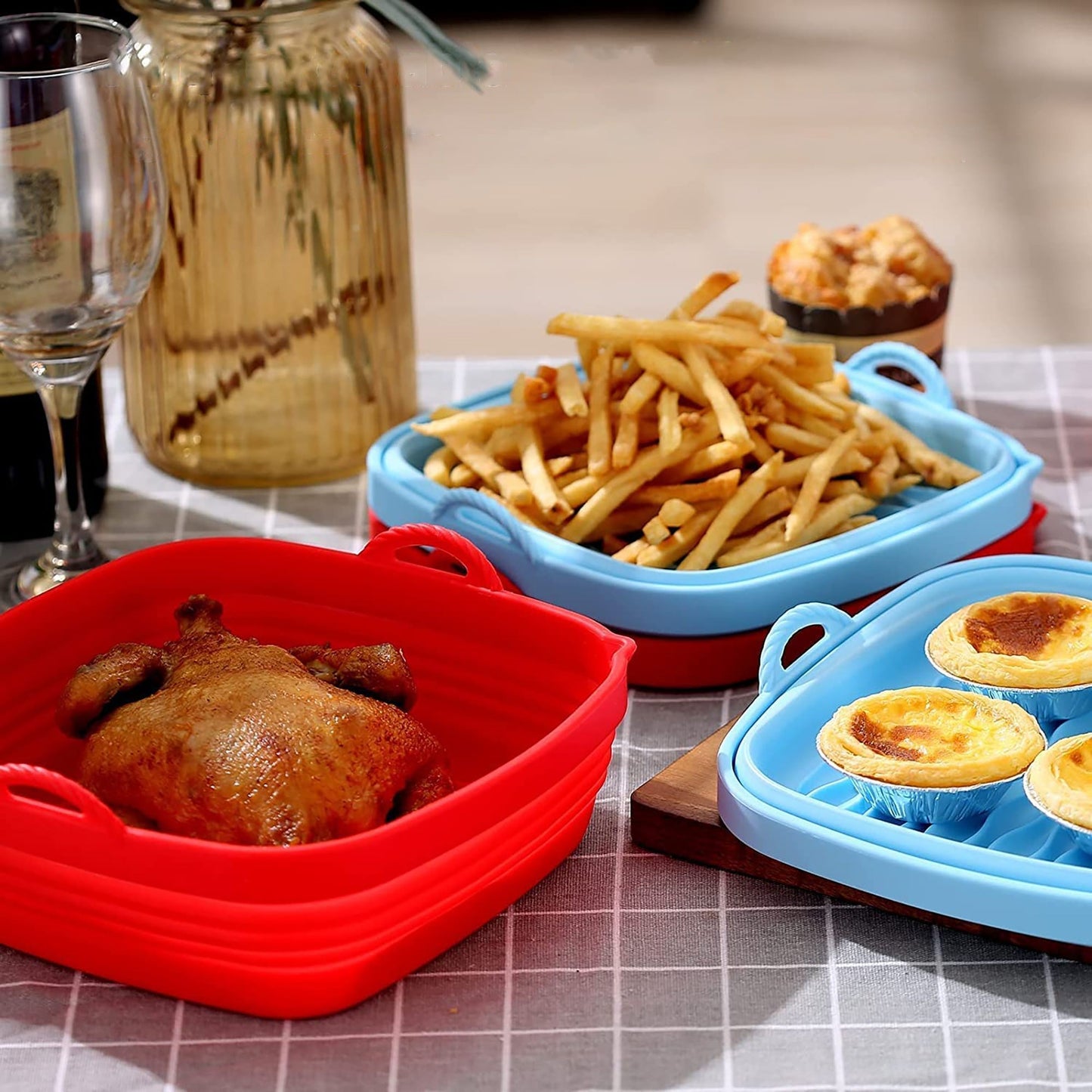 Air Fryer Silicone Pot Square Reusable Air Fryer Silicone Basket 8 Inch - Red