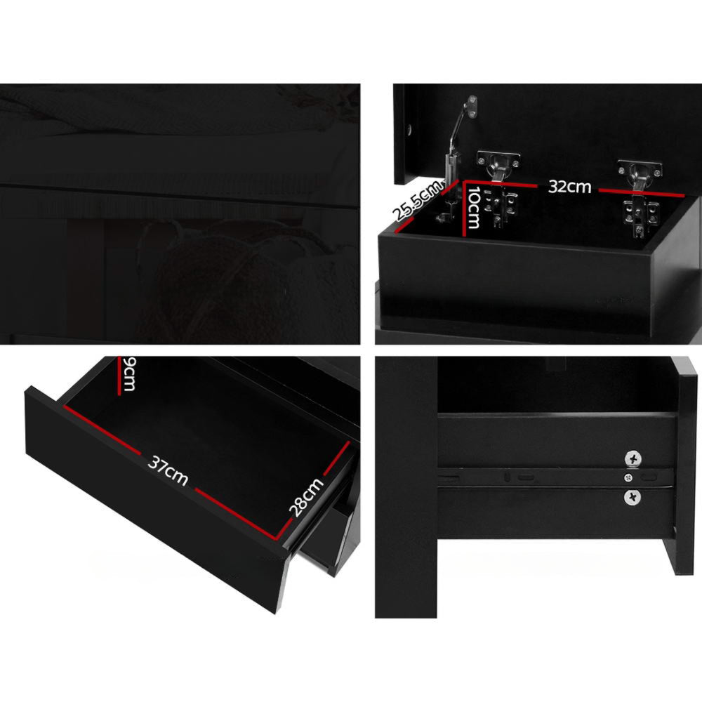 Bedside Tables Side Table Drawers RGB LED High Gloss Nightstand Black