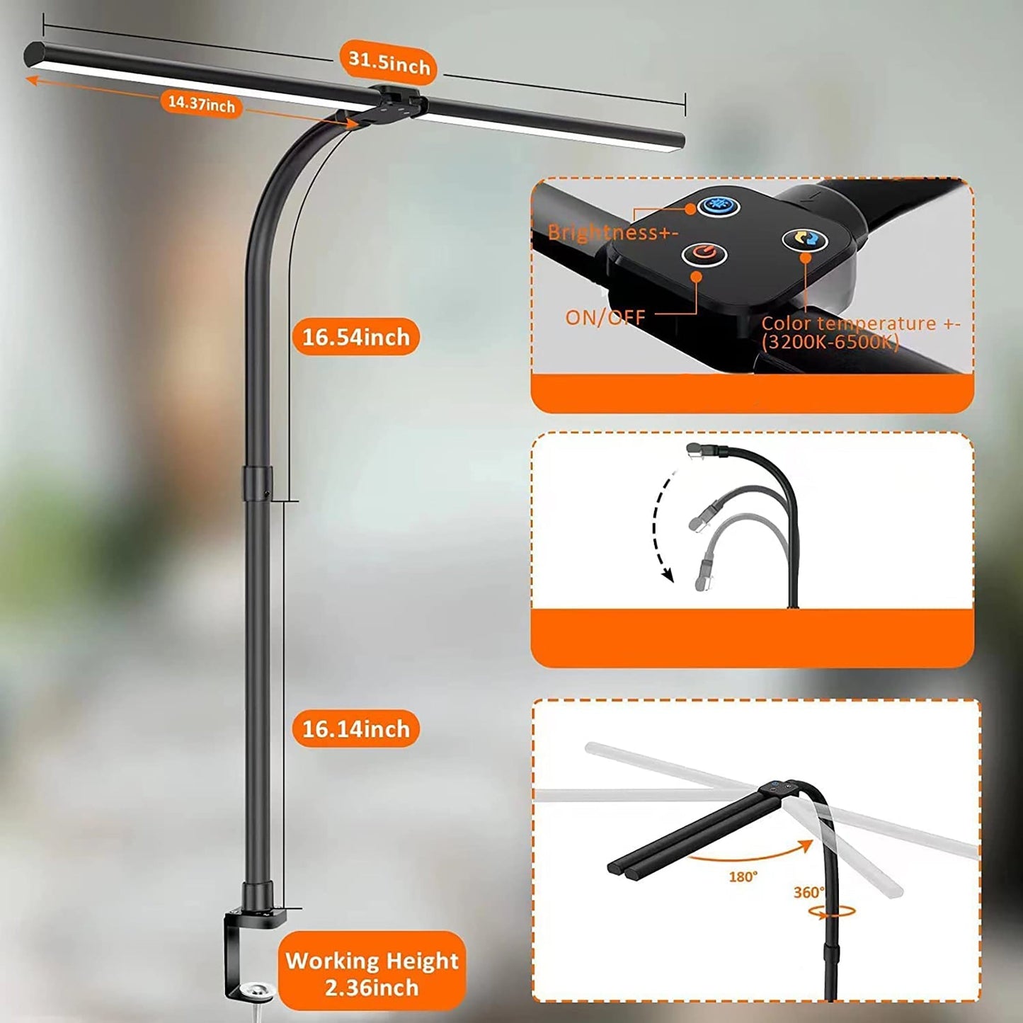 24W Double Head LED Desk Study Lamp with 5 Lighting Color Modes - Black