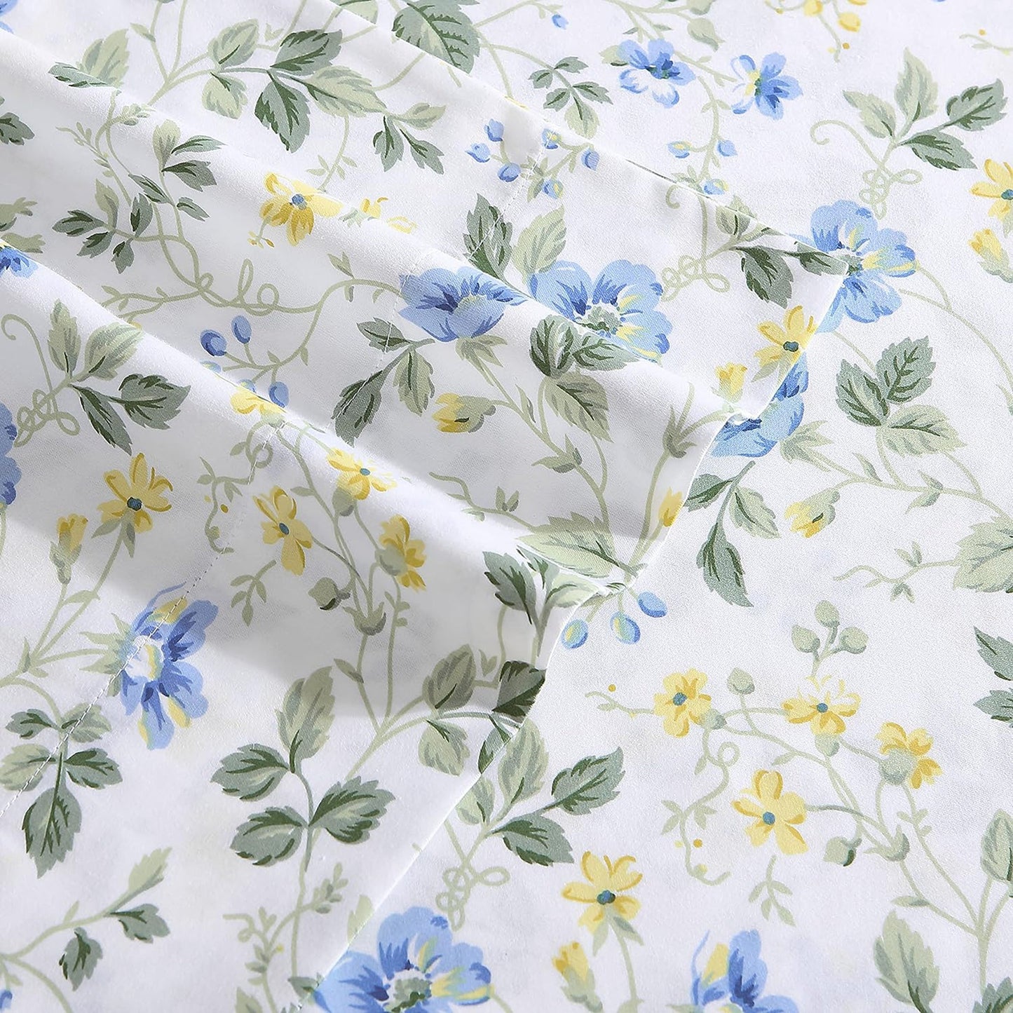 Soft Breathable Sateen Cotton Bedding Sheet Set - Meadow Floral Blue