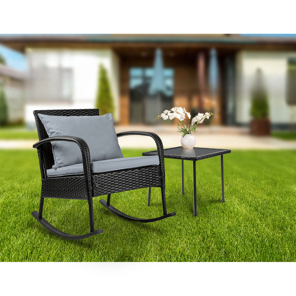 Rocking Wicker Chairs Table Outdoor Set Recliner Patio - Black and Grey