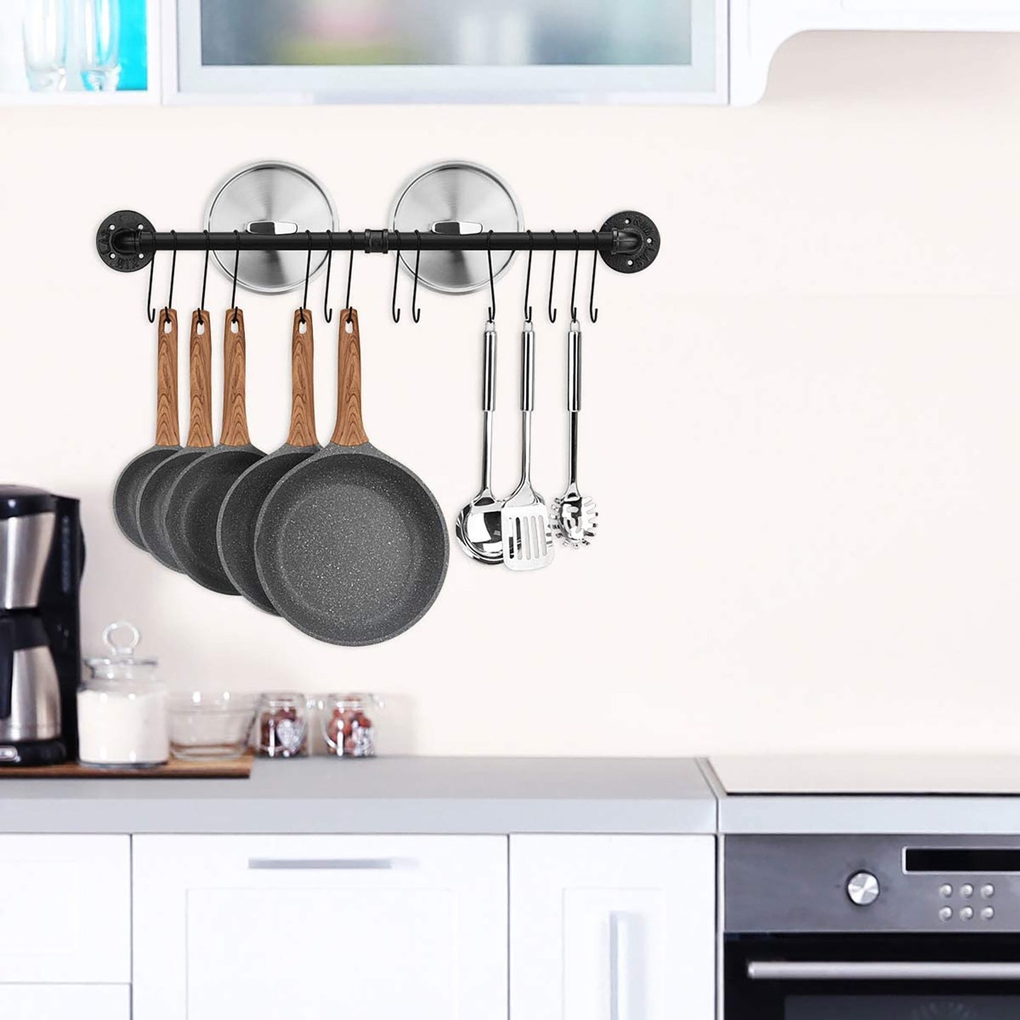 Kitchen Wall Mounted Detachable Organizer Hanging Rail with 14 Hooks 80 cm - Black