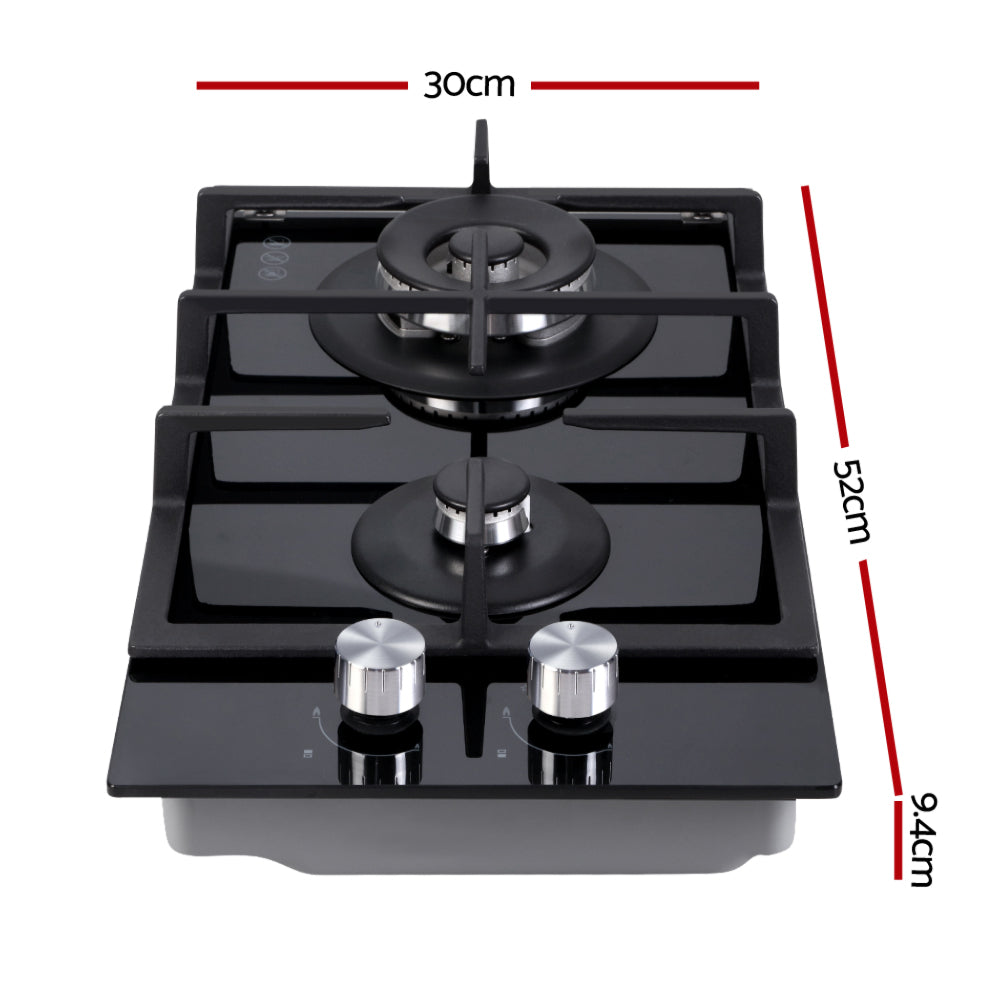 Gas Cooktop 30cm Gas Stove Cooker 2 Burner Cook Top Konbs NG LPG Black