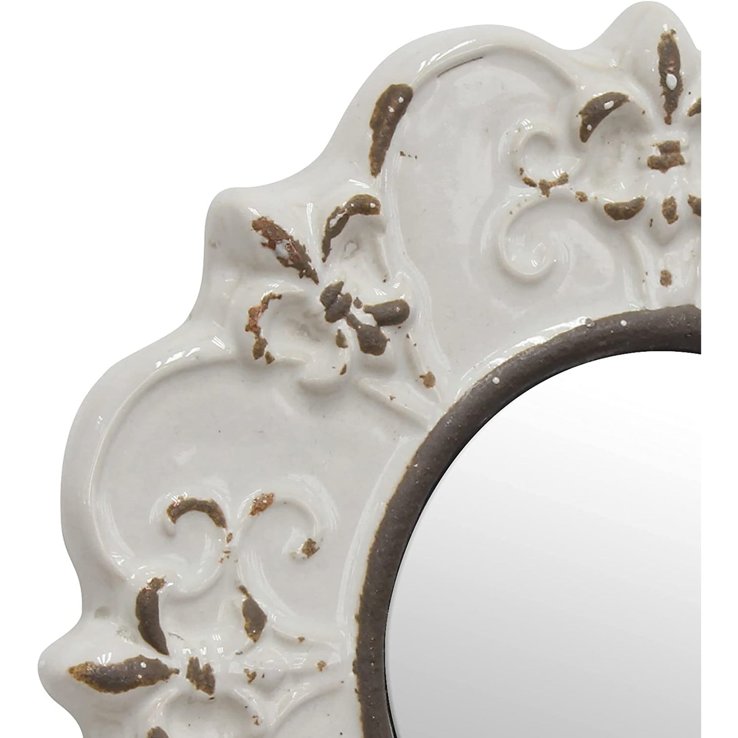 Decorative 8 Inch Antique White Round Ceramic Accent Wall Mirror